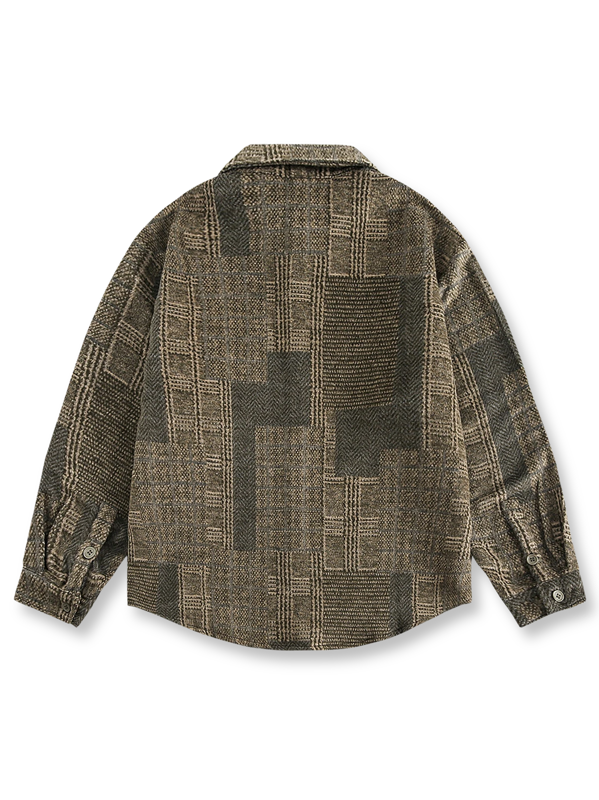 製品画像
「ヴィンテージバイカラー長袖シャツの全体展示図。ユニークなバイカラーデザインが際立ち、手工芸品のような繊細なテクスチャーが特徴。ヴィンテージトーンを巧みに組み合わせた織り柄が豊かな質感と奥行きを生み出し、レトロでありながら洗練されたスタイルを実現しています。」
詳細画像
「ヴィンテージテクスチャーとバイカラーデザインのディテール特写。織り柄が生み出す深みと、胸元に施されたシングルポケットが実用性を持たせつつ、デザインに独自のアクセントを加えています。素材感が際立ち、肌触りの良さも感じられます。」