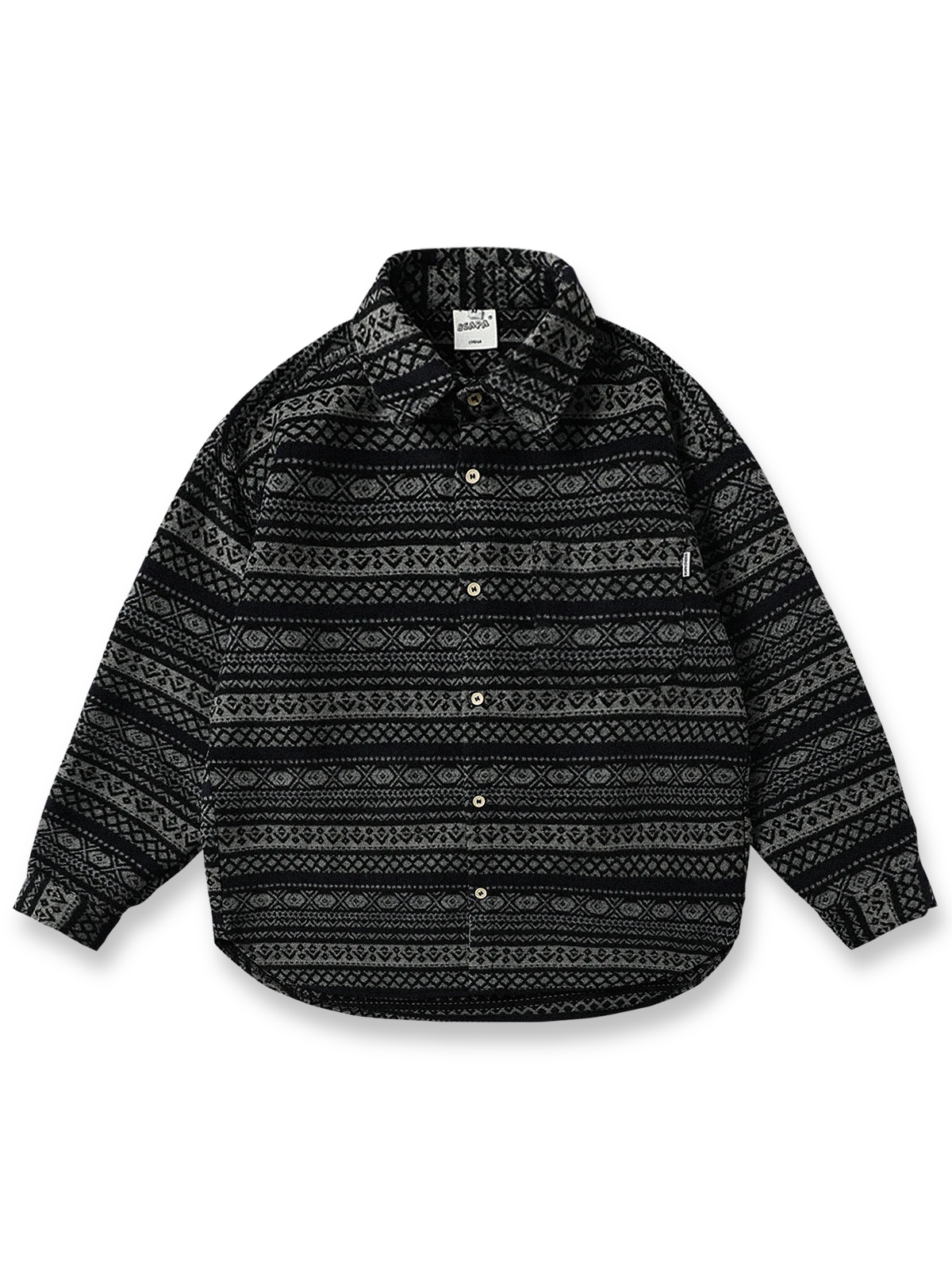 製品画像: 民族風ジャガードツイード長袖シャツの正面展示画像。独特なジャガードツイード柄と加厚デザインで、レトロな民族風スタイルを強調。ウール混紡素材で暖かさを提供。
詳細画像: ジャガードツイード柄の織り目と、ウール混紡素材の質感をアップで展示。厚手デザインが秋冬に最適な保温性を実現。