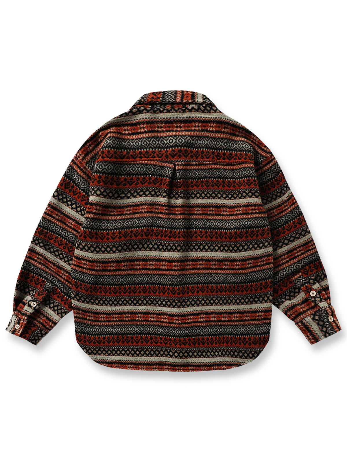 製品画像: 民族風ジャガードツイード長袖シャツの正面展示画像。独特なジャガードツイード柄と加厚デザインで、レトロな民族風スタイルを強調。ウール混紡素材で暖かさを提供。
詳細画像: ジャガードツイード柄の織り目と、ウール混紡素材の質感をアップで展示。厚手デザインが秋冬に最適な保温性を実現。