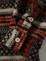 製品画像: 民族風ジャガードツイード長袖シャツの正面展示画像。独特なジャガードツイード柄と加厚デザインで、レトロな民族風スタイルを強調。ウール混紡素材で暖かさを提供。
詳細画像: ジャガードツイード柄の織り目と、ウール混紡素材の質感をアップで展示。厚手デザインが秋冬に最適な保温性を実現。