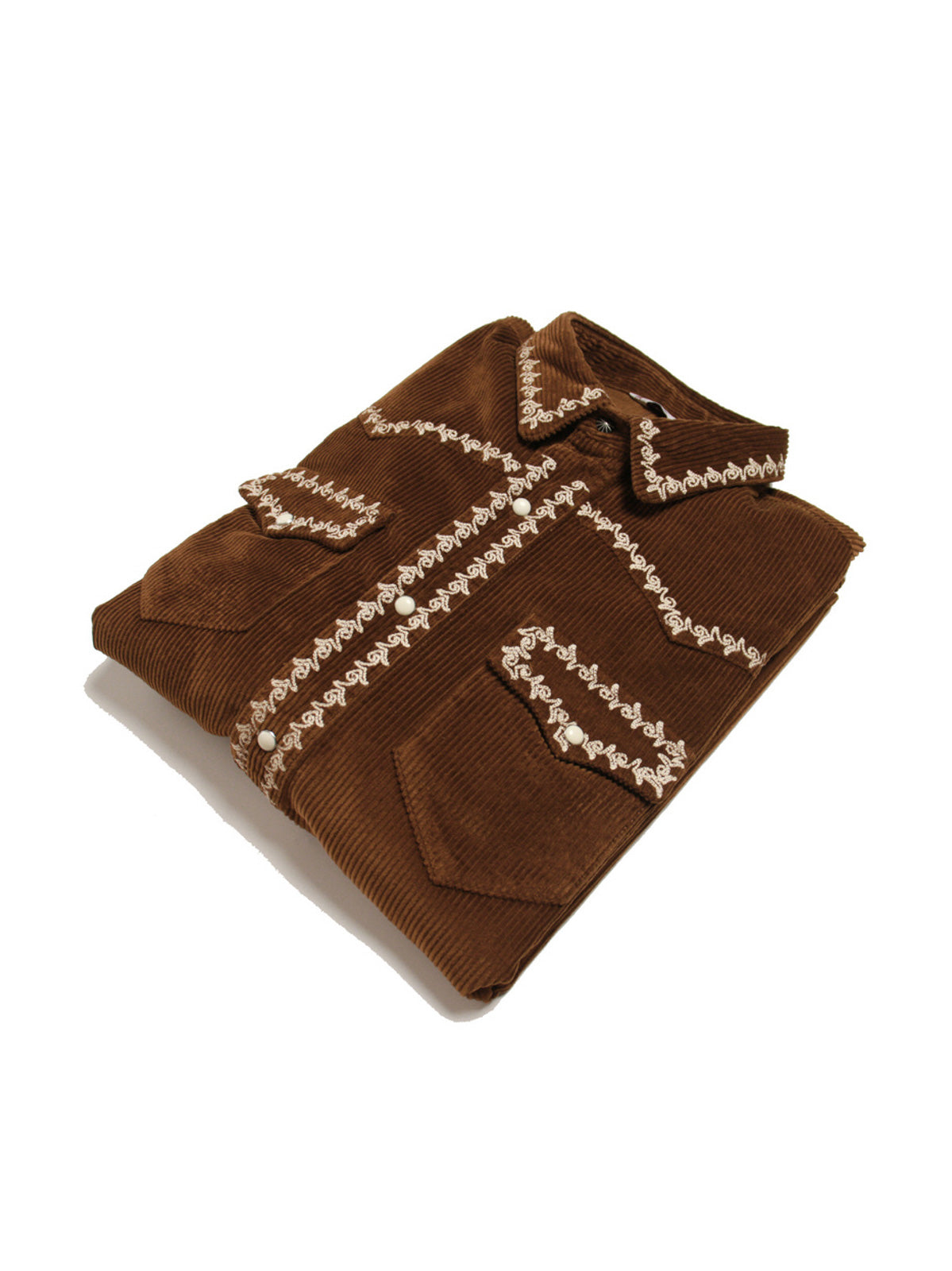 刺繍入りアメカジ西部風コーデュロイシャツ、正面と背面の全体図