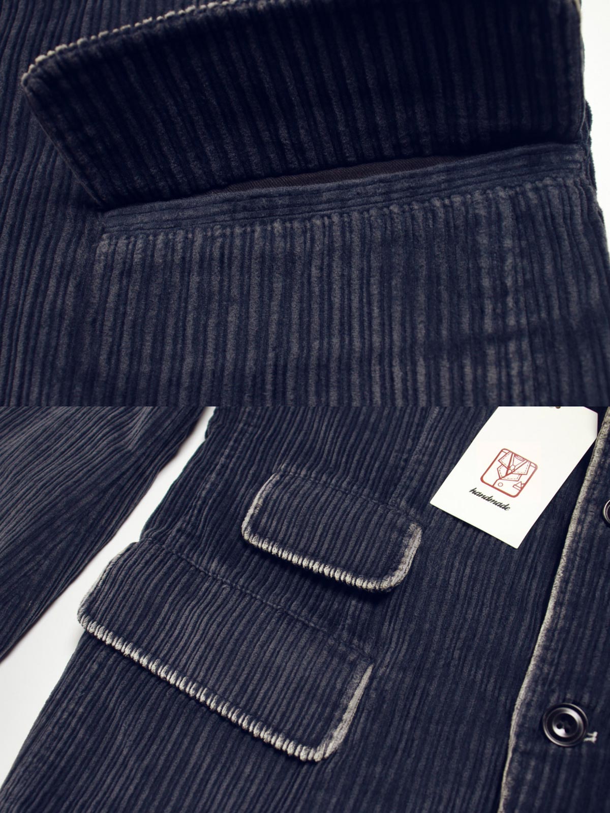 子母コーデュロイ生地と手作業によるヴィンテージ加工のディテール
