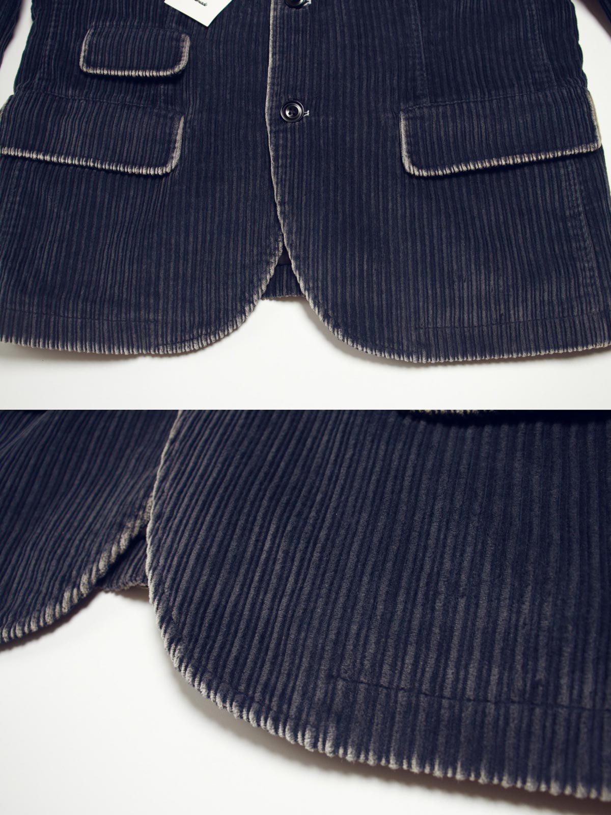 子母コーデュロイ生地と手作業によるヴィンテージ加工のディテール
