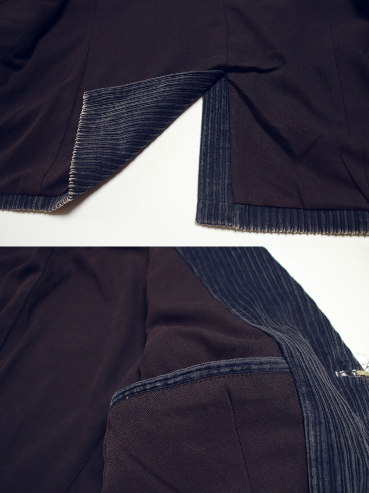 子母コーデュロイ生地と手作業によるヴィンテージ加工のディテール