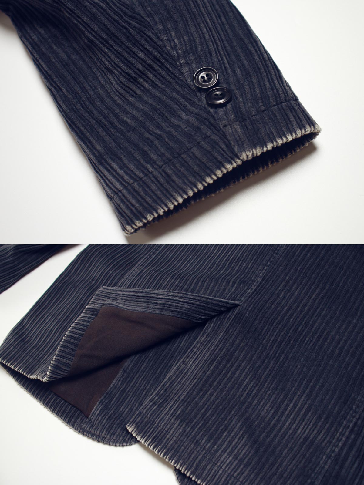 子母コーデュロイ生地と手作業によるヴィンテージ加工のディテール