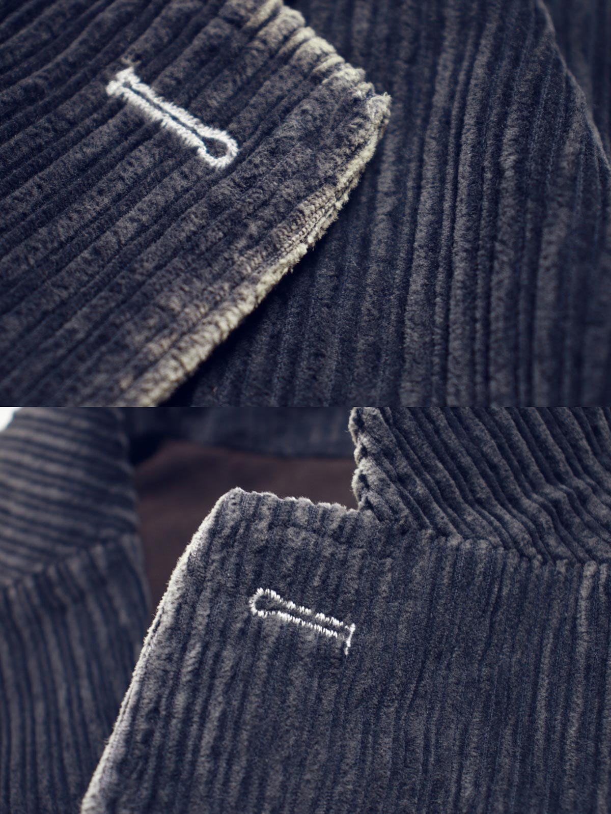 子母コーデュロイ生地と手作業によるヴィンテージ加工のディテール