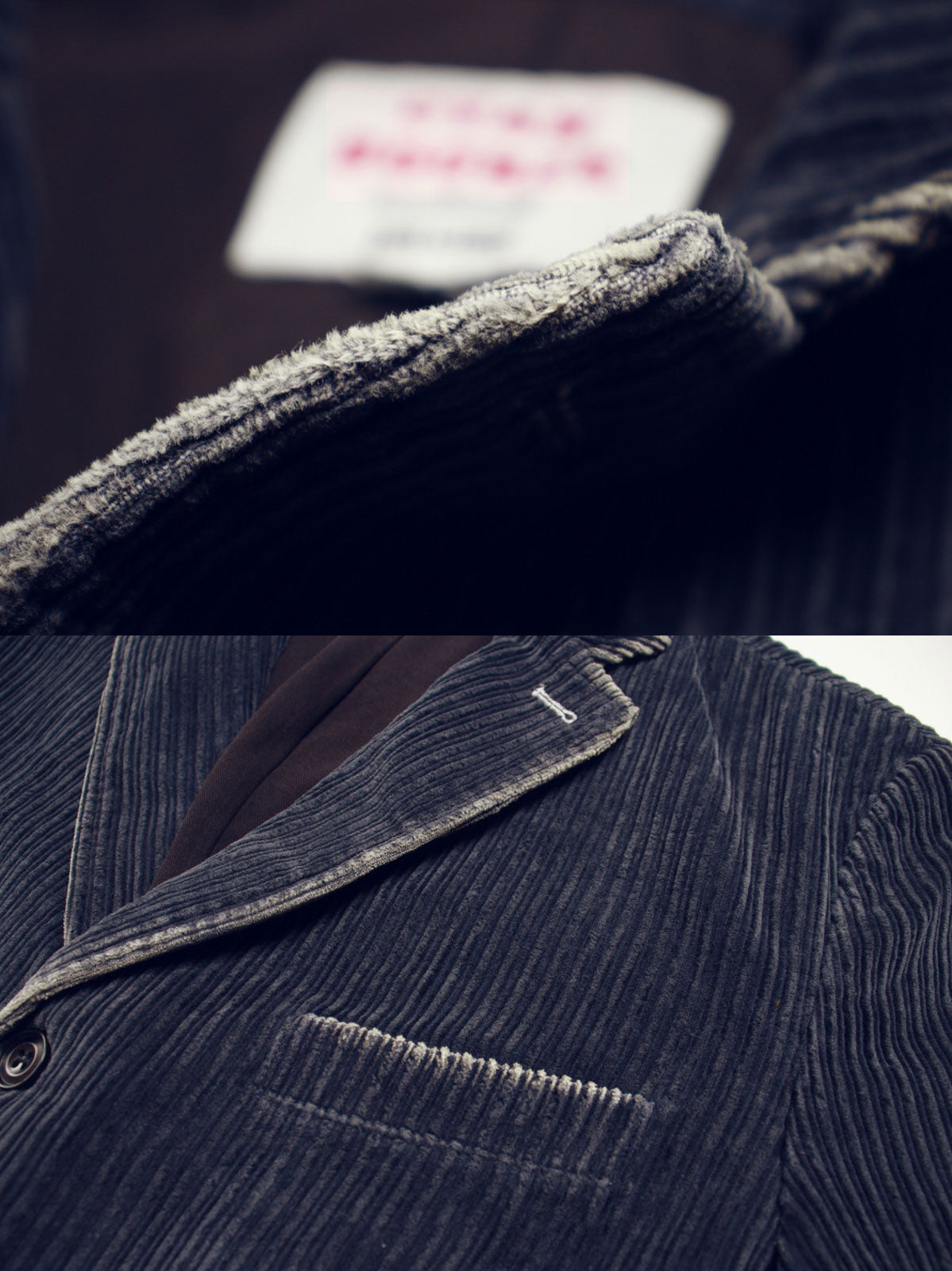 子母コーデュロイ生地と手作業によるヴィンテージ加工のディテール