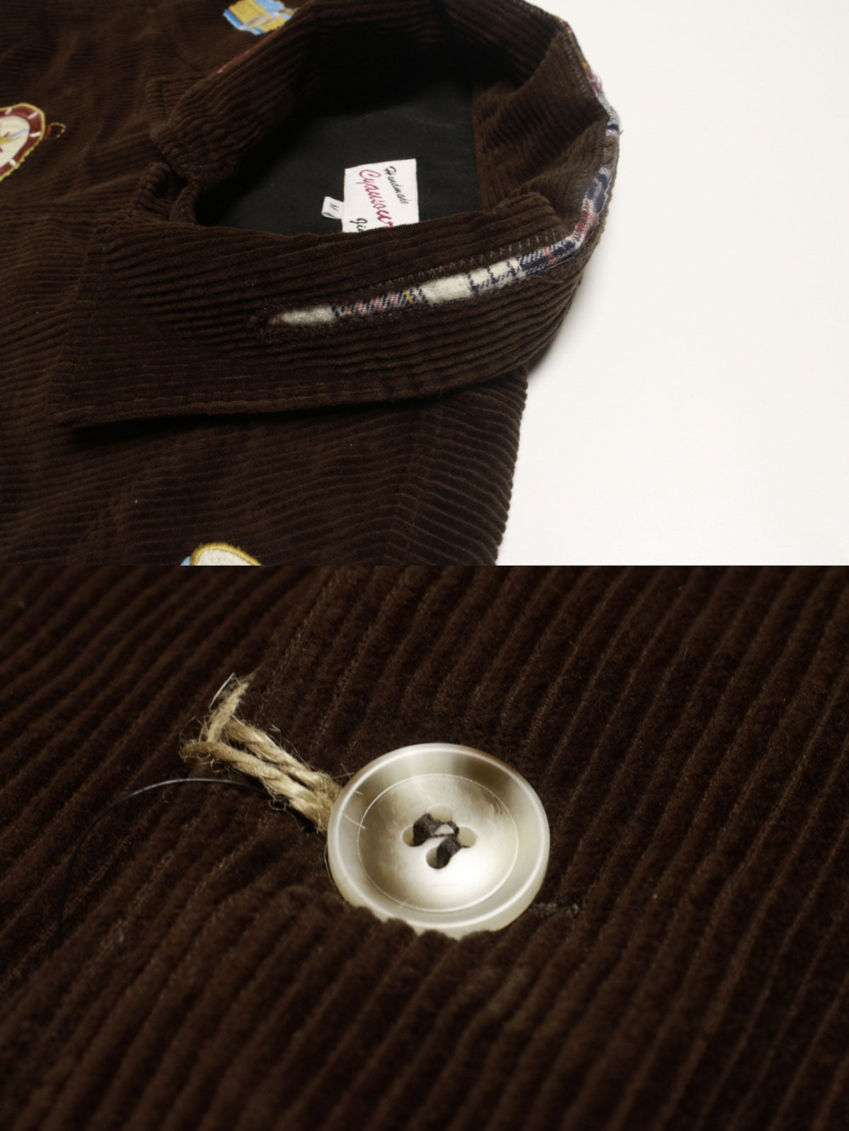 コットン刺繍とレザーパッチのディテール特写