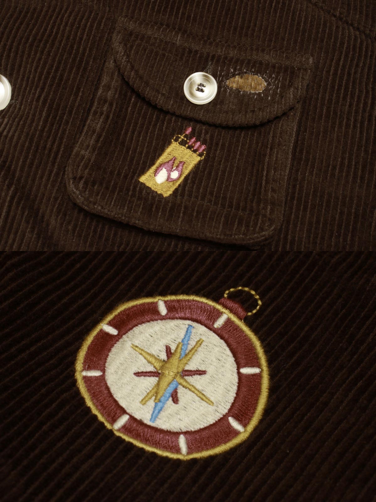 コットン刺繍とレザーパッチのディテール特写