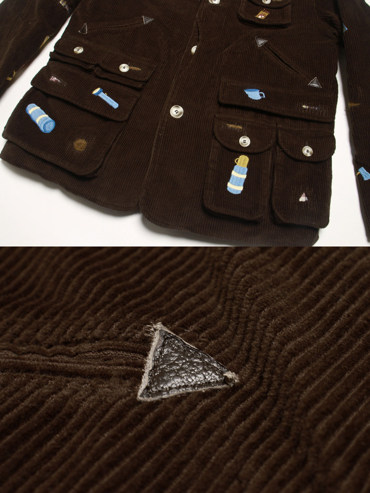 コットン刺繍とレザーパッチのディテール特写