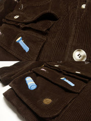 コットン刺繍とレザーパッチのディテール特写