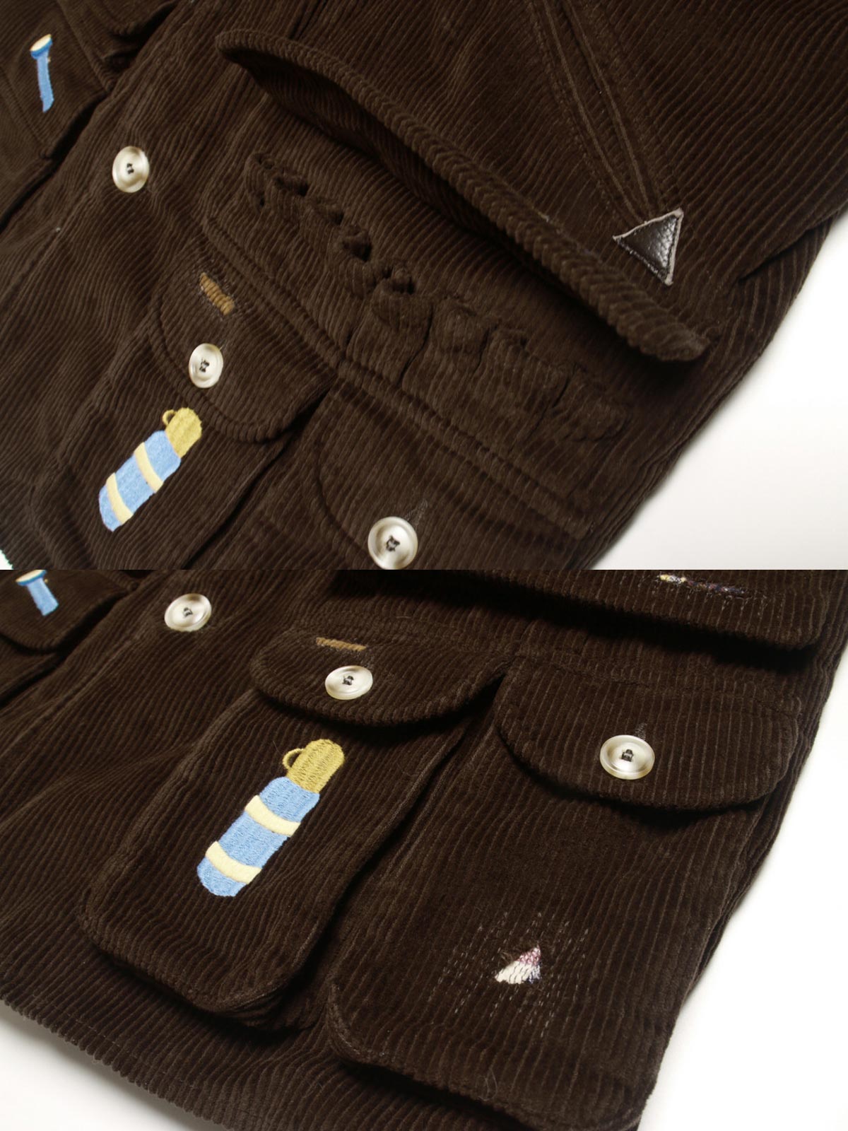 コットン刺繍とレザーパッチのディテール特写