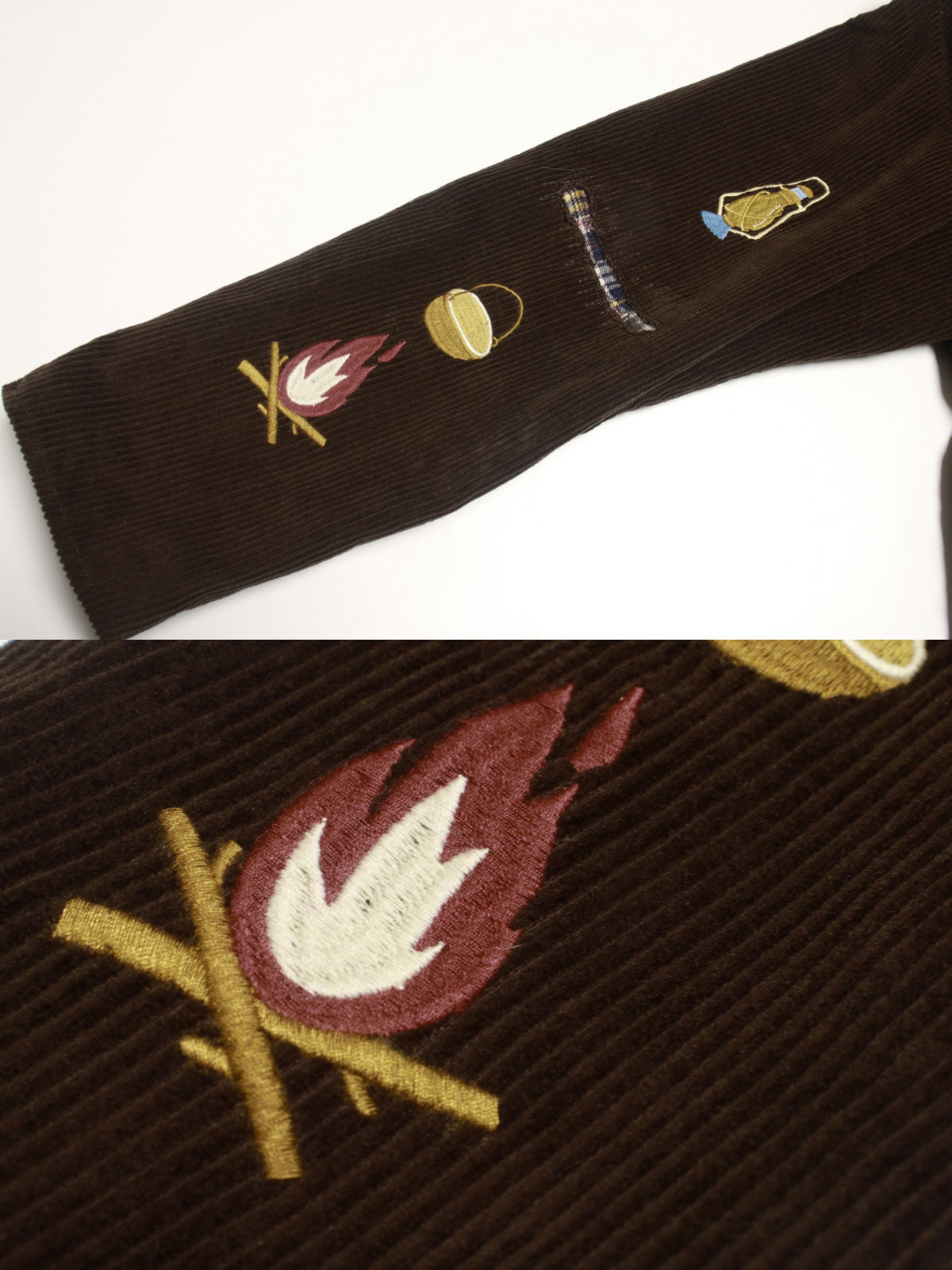 コットン刺繍とレザーパッチのディテール特写