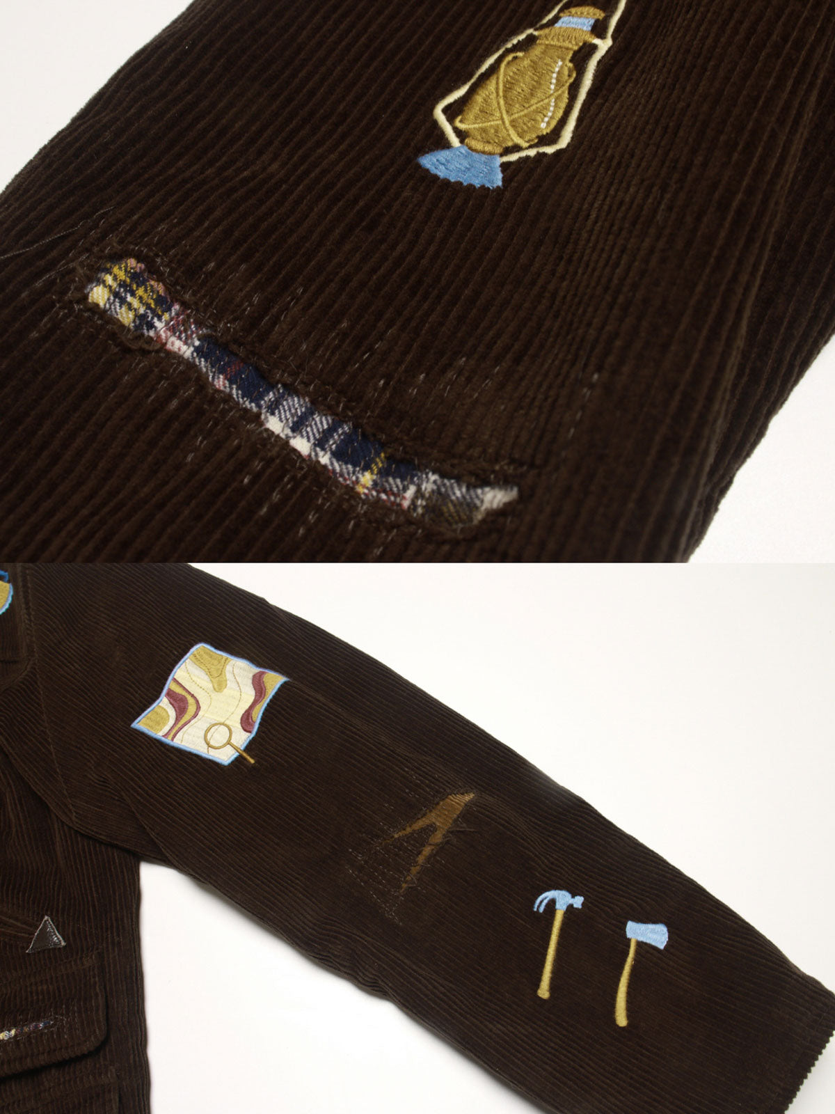 コットン刺繍とレザーパッチのディテール特写