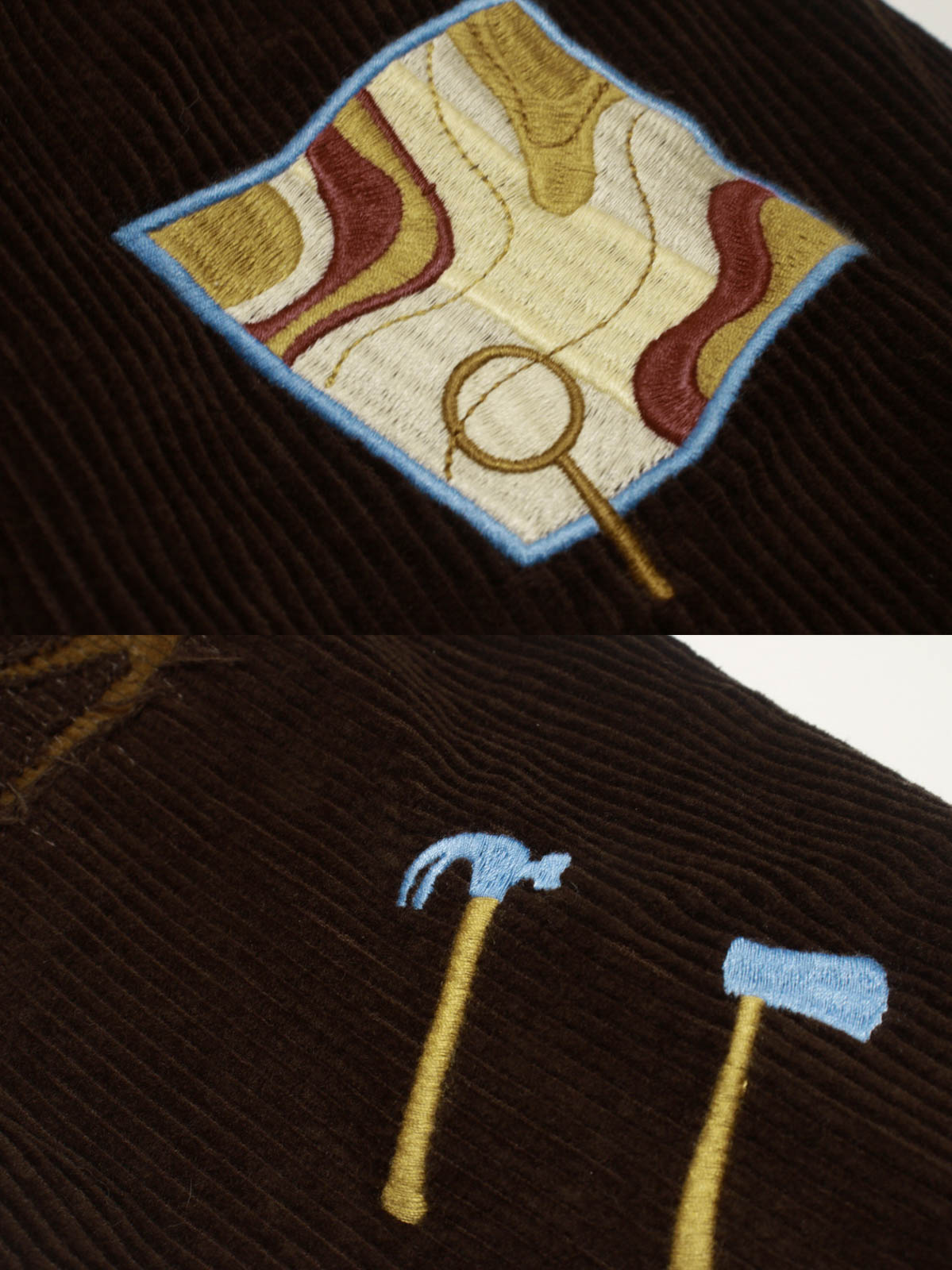 コットン刺繍とレザーパッチのディテール特写