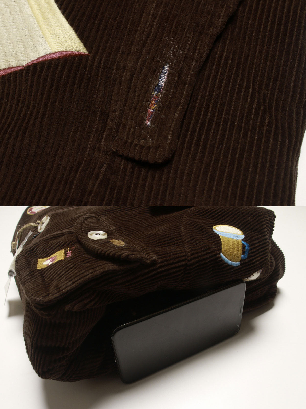 コットン刺繍とレザーパッチのディテール特写