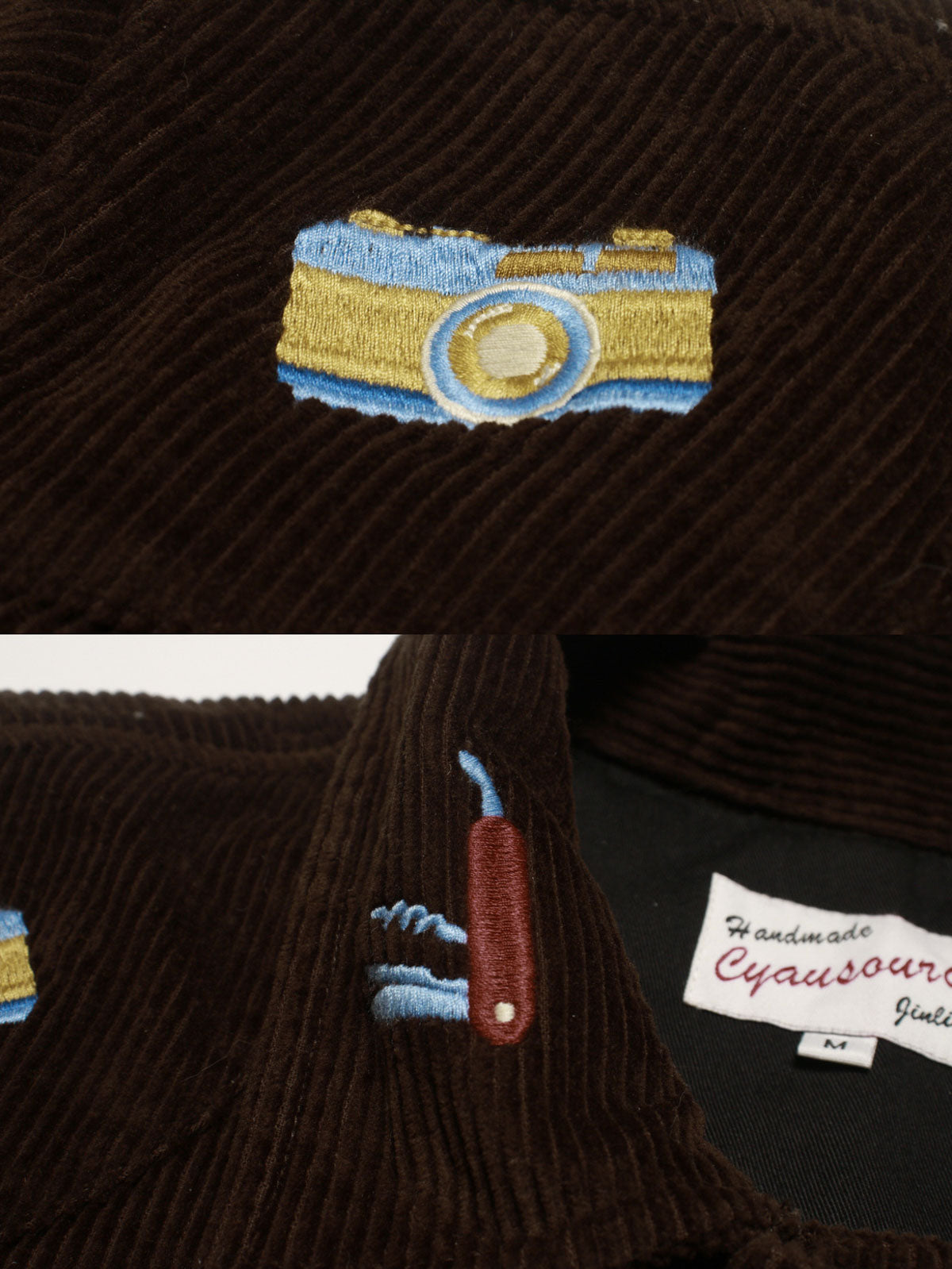 コットン刺繍とレザーパッチのディテール特写