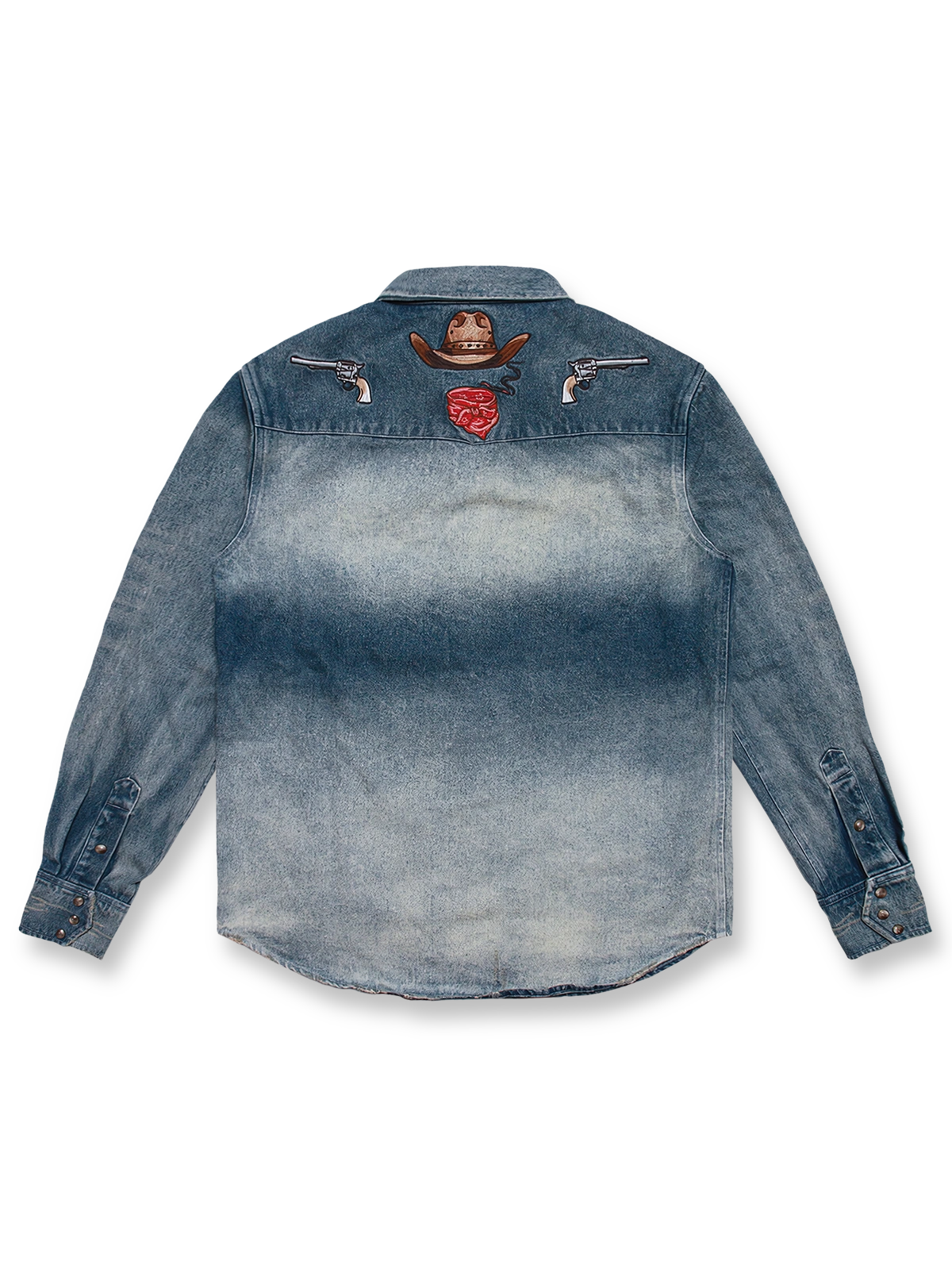 バウンティハンター刺繍入りデニムシャツ、正面と背面の全体図