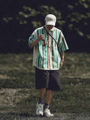 茶 緑色 ストライプ シャツ