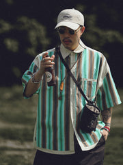 茶 緑色 ストライプ シャツ