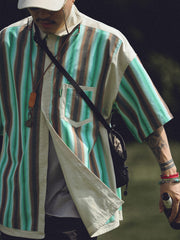 茶 緑色 ストライプ シャツ