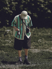 茶 緑色 ストライプ シャツ