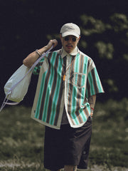 茶 緑色 ストライプ シャツ