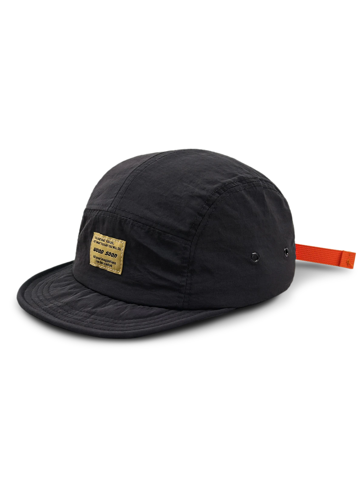 エクスプローラーハットの通気孔とオレンジ色のプルタブのクローズアップ、耐摩耗性に優れたナイロン素材。