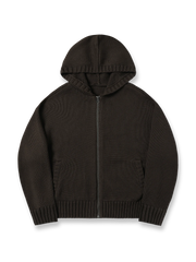 製品画像: 6色展開のフード付きケーブル編みニットカーディガンの全体展示。レトロなケーブル編みとルーズシルエットが特徴的なカジュアルなデザイン。
詳細画像: ケーブル編みディテールとマットシルバージッパーの特写。細部の編み模様とジッパーが際立つ画像。