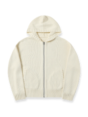 製品画像: 6色展開のフード付きケーブル編みニットカーディガンの全体展示。レトロなケーブル編みとルーズシルエットが特徴的なカジュアルなデザイン。
詳細画像: ケーブル編みディテールとマットシルバージッパーの特写。細部の編み模様とジッパーが際立つ画像。