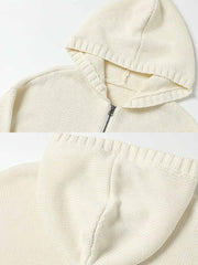 製品画像: 6色展開のフード付きケーブル編みニットカーディガンの全体展示。レトロなケーブル編みとルーズシルエットが特徴的なカジュアルなデザイン。
詳細画像: ケーブル編みディテールとマットシルバージッパーの特写。細部の編み模様とジッパーが際立つ画像。