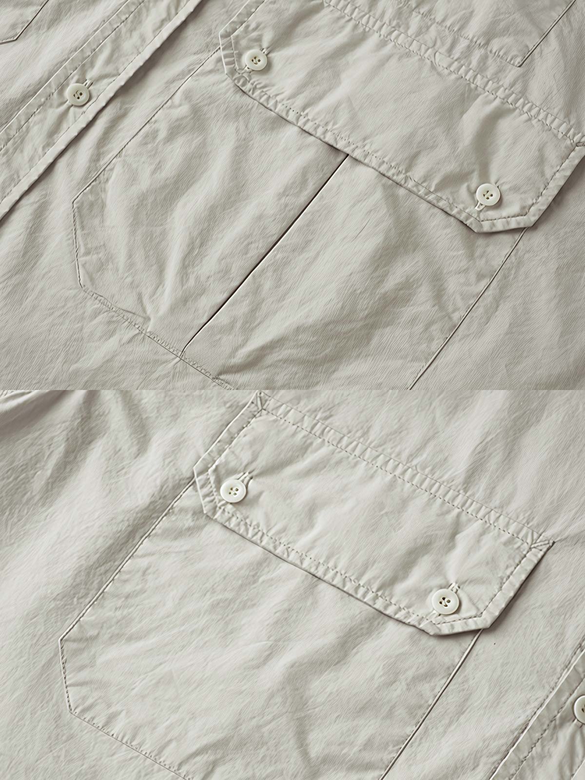 製品画像: コットン製和風ワークシャツ全体展示。日本製のコットン素材と酵素洗い加工が施されたクラシックなデザインのワークシャツ。
詳細画像: 胸元の3ポケットと酵素洗い加工ディテールの特写。ヴィンテージ感を引き立てるデザインで、機能性とファッション性を兼ね備えた仕上がり。