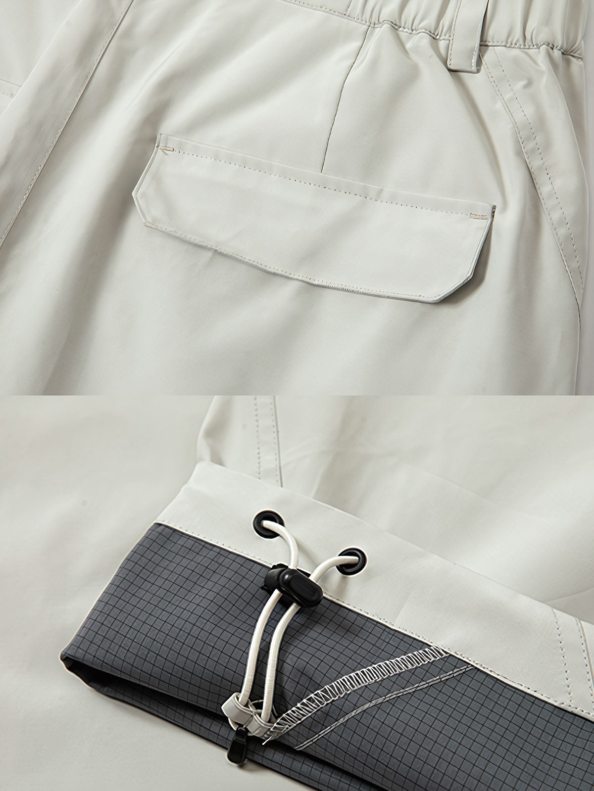 製品画像: アウトドアハイキングシェルパンツ全体展示 - アウトドアやスポーツに最適な機能的なデザイン。
詳細画像: 異形カッティングとジップポケットのディテール展示 - 立体感のあるビジュアルと収納力。