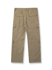 製品画像: 日本製コットンの重厚ウォッシュ加工 四つポケット付き ストレート ワークパンツ 全体展示。クラシックでレトロなデザインが特徴。
詳細画像: 四つポケットのディテールとウォッシュ加工の質感を強調したクローズアップ画像。