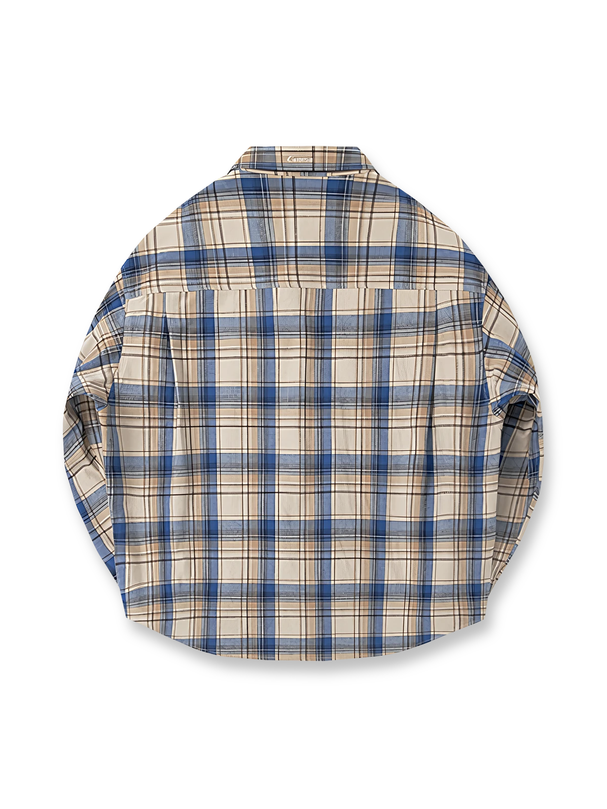 製品画像: 秋冬向け厚手ブルーチェック柄 三つポケットシャツの正面全体展示。レトロでクラシックなジャパニーズテイストデザイン。
詳細画像: 色褪せしにくい色織り生地と三つポケットのディテール。厚手で暖かい質感が伝わる画像。