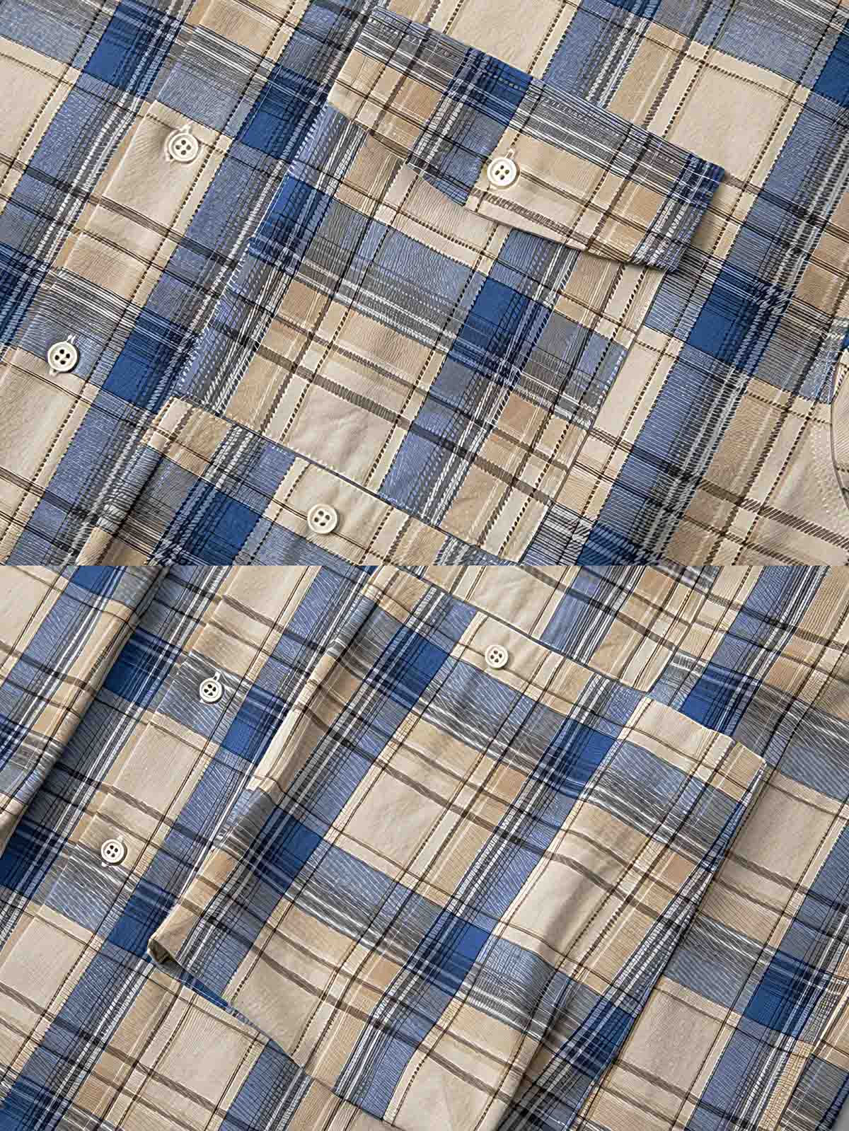 製品画像: 秋冬向け厚手ブルーチェック柄 三つポケットシャツの正面全体展示。レトロでクラシックなジャパニーズテイストデザイン。
詳細画像: 色褪せしにくい色織り生地と三つポケットのディテール。厚手で暖かい質感が伝わる画像。