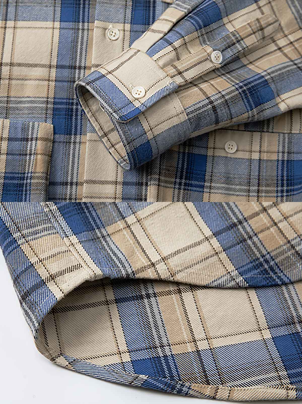 製品画像: 秋冬向け厚手ブルーチェック柄 三つポケットシャツの正面全体展示。レトロでクラシックなジャパニーズテイストデザイン。
詳細画像: 色褪せしにくい色織り生地と三つポケットのディテール。厚手で暖かい質感が伝わる画像。