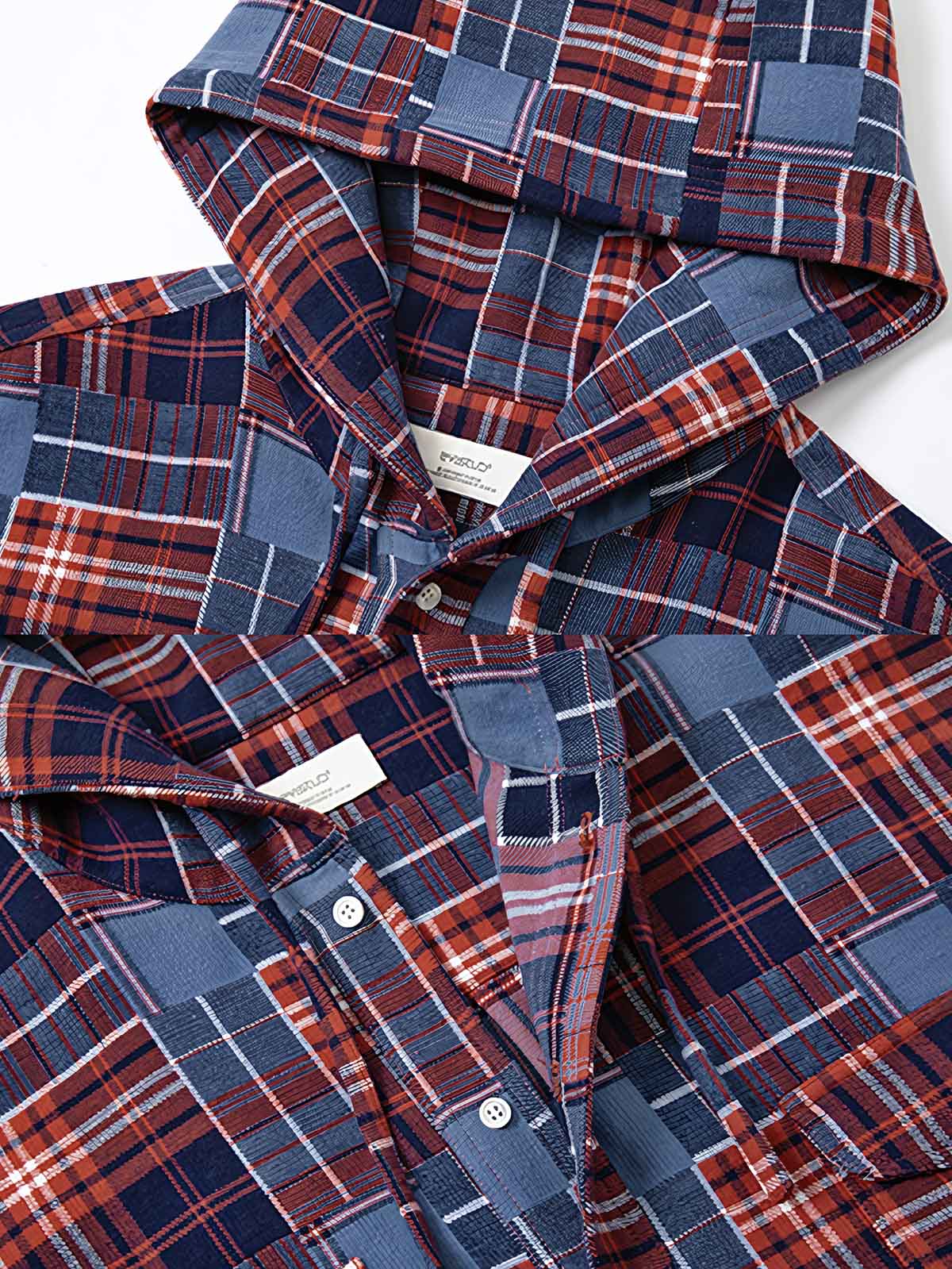 製品画像: ジャパニーズテイストの色織り レトロチェック柄 フーディーシャツジャケットの正面展示
詳細画像: 赤と青のチェック柄のディテールとフードデザイン