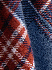 製品画像: ジャパニーズテイストの色織り レトロチェック柄 フーディーシャツジャケットの正面展示
詳細画像: 赤と青のチェック柄のディテールとフードデザイン