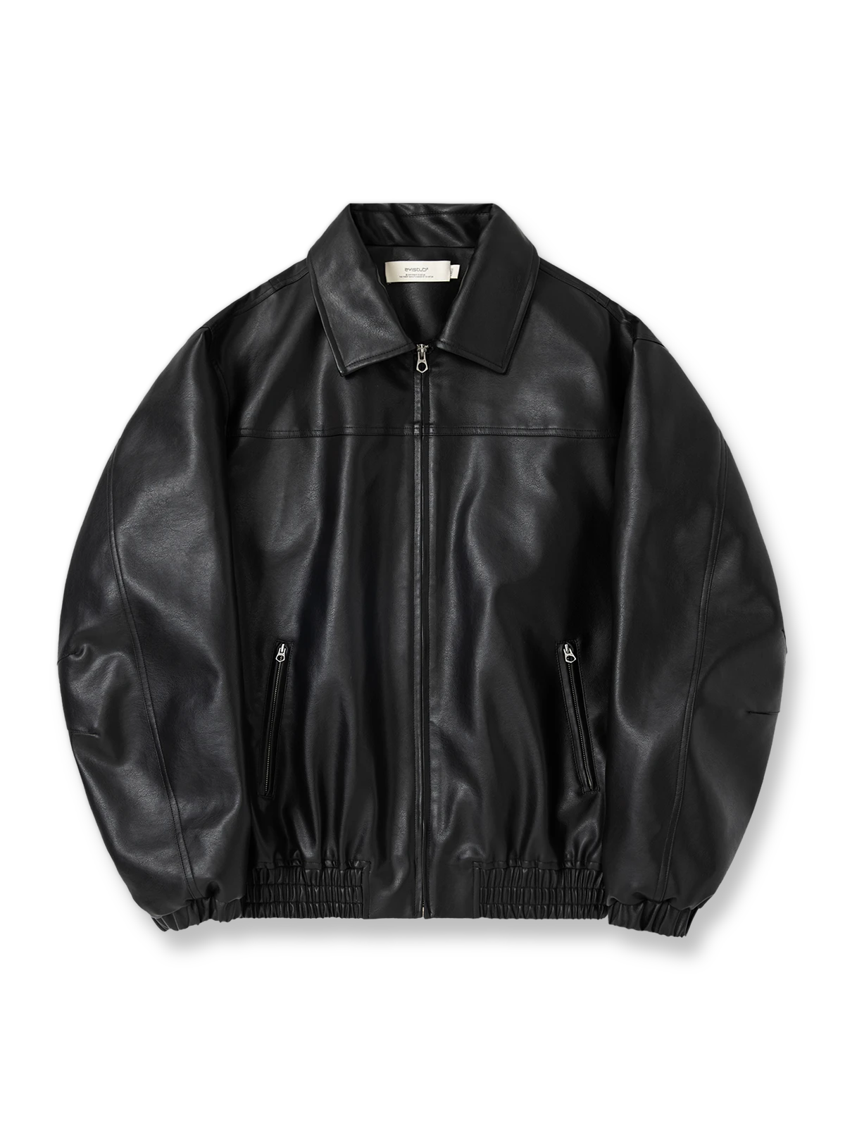 製品画像: アメカジ風 ワイドシルエット PUレザージャケット 秋冬用 ユニセックスの正面展示
詳細画像: ダブルジップポケットとゴム入り裾のディテール