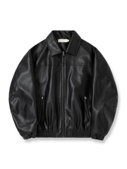 製品画像: アメカジ風 ワイドシルエット PUレザージャケット 秋冬用 ユニセックスの正面展示
詳細画像: ダブルジップポケットとゴム入り裾のディテール