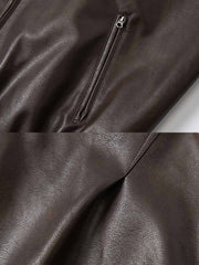 製品画像: アメカジ風 ワイドシルエット PUレザージャケット 秋冬用 ユニセックスの正面展示
詳細画像: ダブルジップポケットとゴム入り裾のディテール