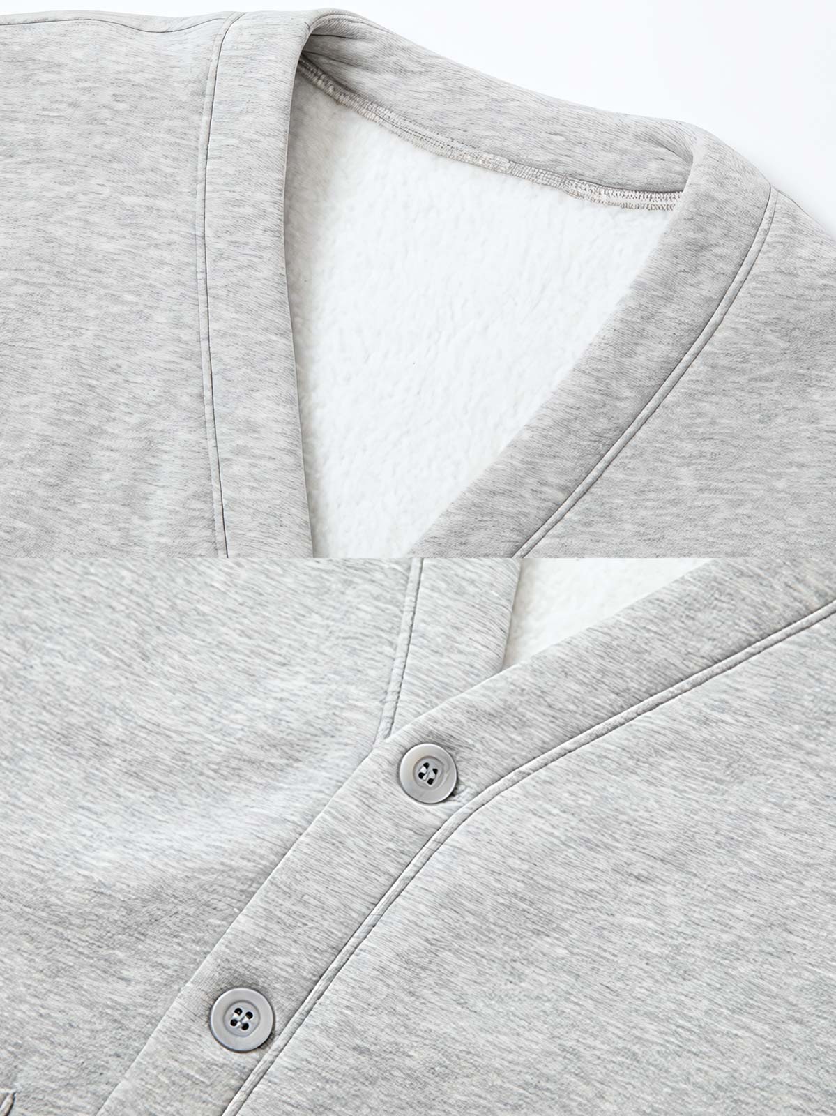 製品画像: 発熱機能フリースVネックカーディガン正面展示 - 秋冬にぴったりな保温性抜群のカーディガン。
詳細画像: ボタンとフリース素材のディテール展示 - クラシックなデザインが特徴。