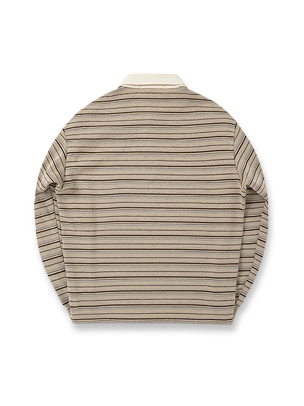 製品画像: 350Gアメカジ風ヴィンテージバイカラーストライプニットポロシャツ正面展示
詳細画像: バイカラーストライプとクラシックな襟のディテール