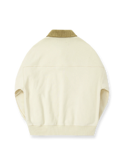 製品画像: 450Gカーボンブラッシュ加工のコーデュロイショールカラーレトロスウェット 正面全体展示
詳細画像: コーデュロイ襟と本革ボタンのディテールが映えるディテール展示