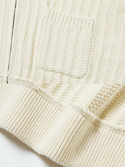 製品画像: ジャパニーズテイストの重厚なレトロケーブル編みニットカーディガンの全体展示。秋冬に最適な温かさとスタイルを兼ね備えたアイテム。
詳細画像: 太い編み目とケーブル模様のディテールを強調した展示。高品質な素材がもたらす柔軟さと安定性をアピール。