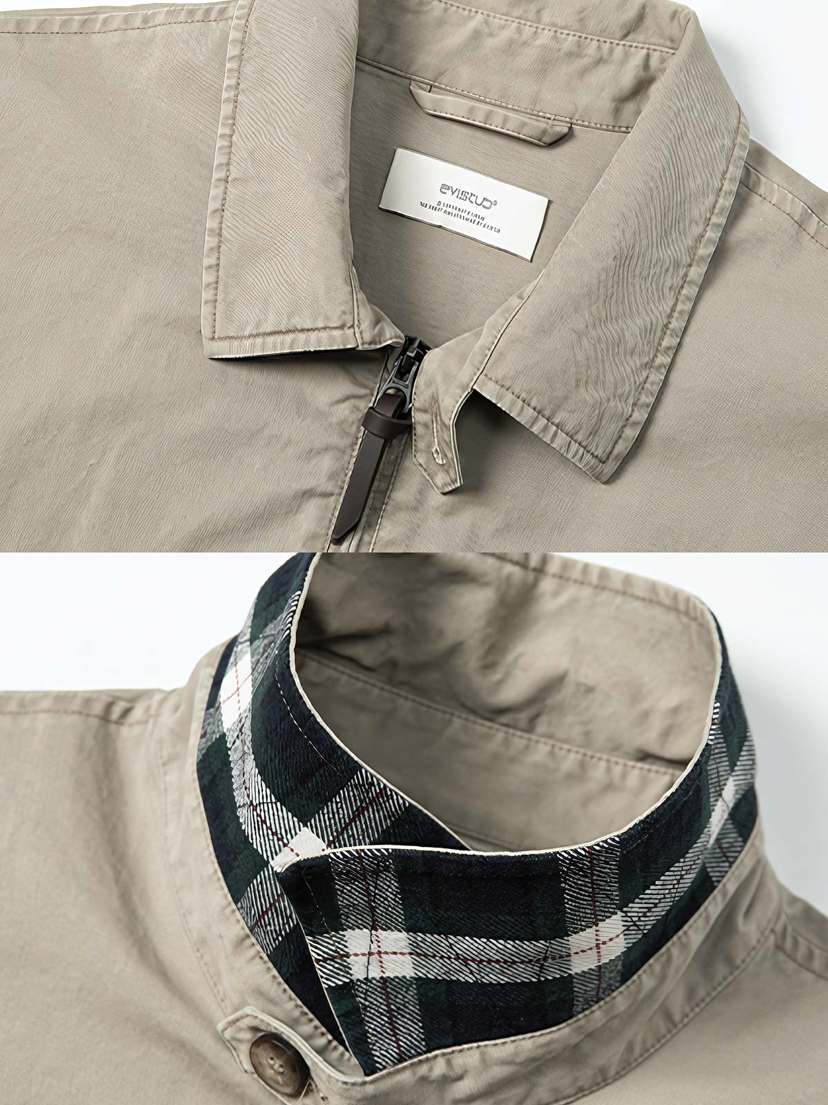 製品画像: ハリントンG9ヴィンテージジャケット全体展示。クラシックなオープンカラーデザインとヴィンテージウォッシュ加工で、洗練されたシルエットと柔らかな手触りが特徴のジャケット。
詳細画像: チェック柄ライニングとオープンカラー部分のディテール特写。ディテールのこだわりがヴィンテージ感を引き立て、上品なデザイン性を強調。