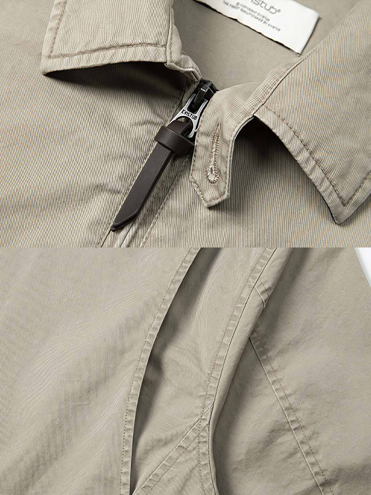 製品画像: ハリントンG9ヴィンテージジャケット全体展示。クラシックなオープンカラーデザインとヴィンテージウォッシュ加工で、洗練されたシルエットと柔らかな手触りが特徴のジャケット。
詳細画像: チェック柄ライニングとオープンカラー部分のディテール特写。ディテールのこだわりがヴィンテージ感を引き立て、上品なデザイン性を強調。