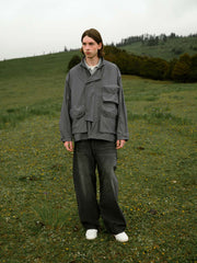 モデル着用のギャバジン混紡ヴィンテージワークジャケットの全体スタイリング