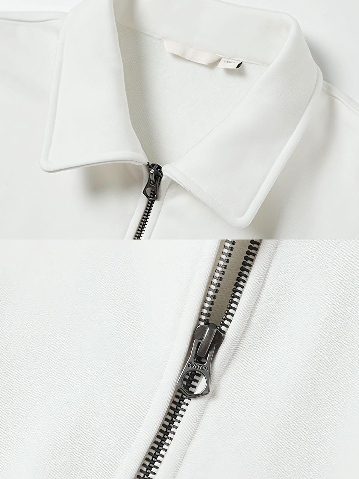 製品画像: ハーフジップ スタンドカラー スウェットの正面展示図。シンプルでありながら洗練されたアメカジスタイルを強調し、クラシックなデザインと快適さを兼ね備えたアイテム。
詳細画像: ハーフジップディテールとスタンドカラー部分のクローズアップ。しっかりとした手触りと滑らかな表面感を持つ高品質コットンポリエステル混紡素材のディテールにフォーカス。